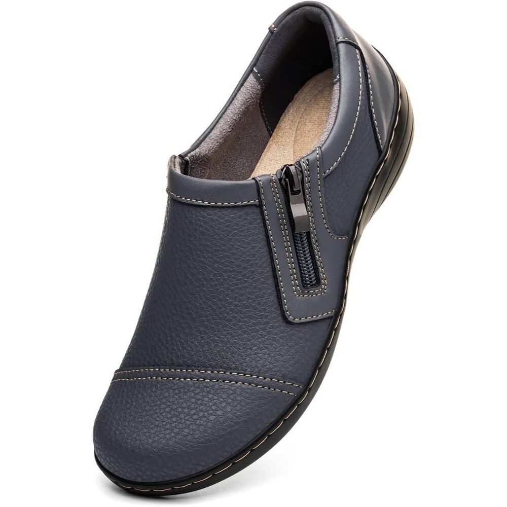 〽️Women's Comfortable And Lightweight Grey Leather Loafers Casual Zipper Closure
